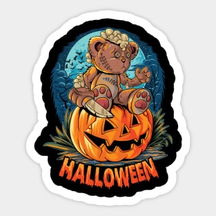 Cute halloween teddy bear with a knife sitting on Sticker